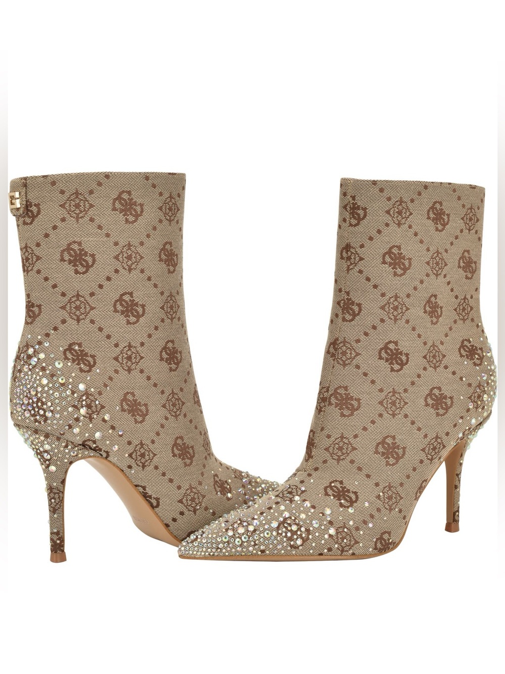 🔥GUESS🔥 Tan Brown Logo-Print Crystal Brand New Pointed Ankle Boots